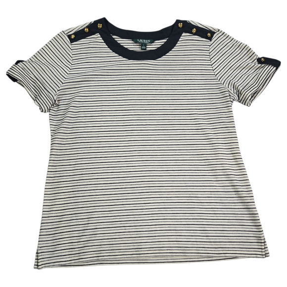 Lauren Ralph Lauren Wom LG Tee Black Striped Gold Buttons Classic Timeless Chic - Picture 2 of 11